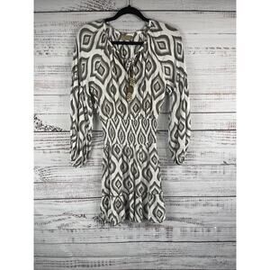 Skemo Dress Women's Extra Small Brown White Boho Ikat Print Beaded Tassel Rayon